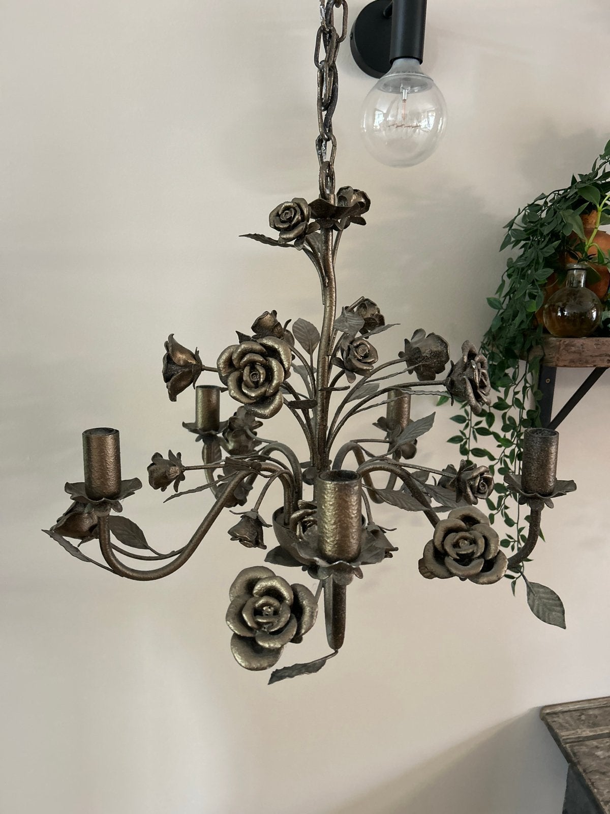 Vintage Hanglamp met Rozen, Ophalen, Gebruikt, Metaal, E14 (klein)