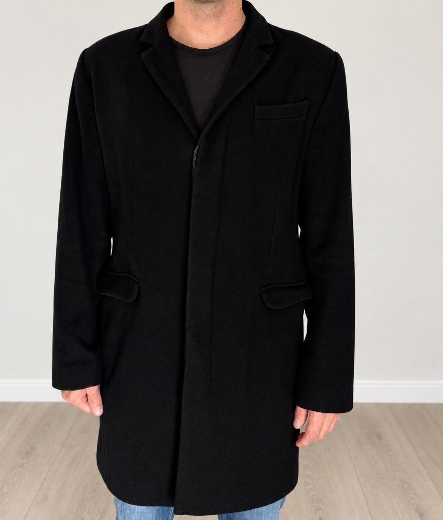 Classic Overcoat–Approx Size L–Wool-Like Fabric–Vintage, Ophalen of Verzenden, Gedragen, Maat 52/54 (L), Zwart