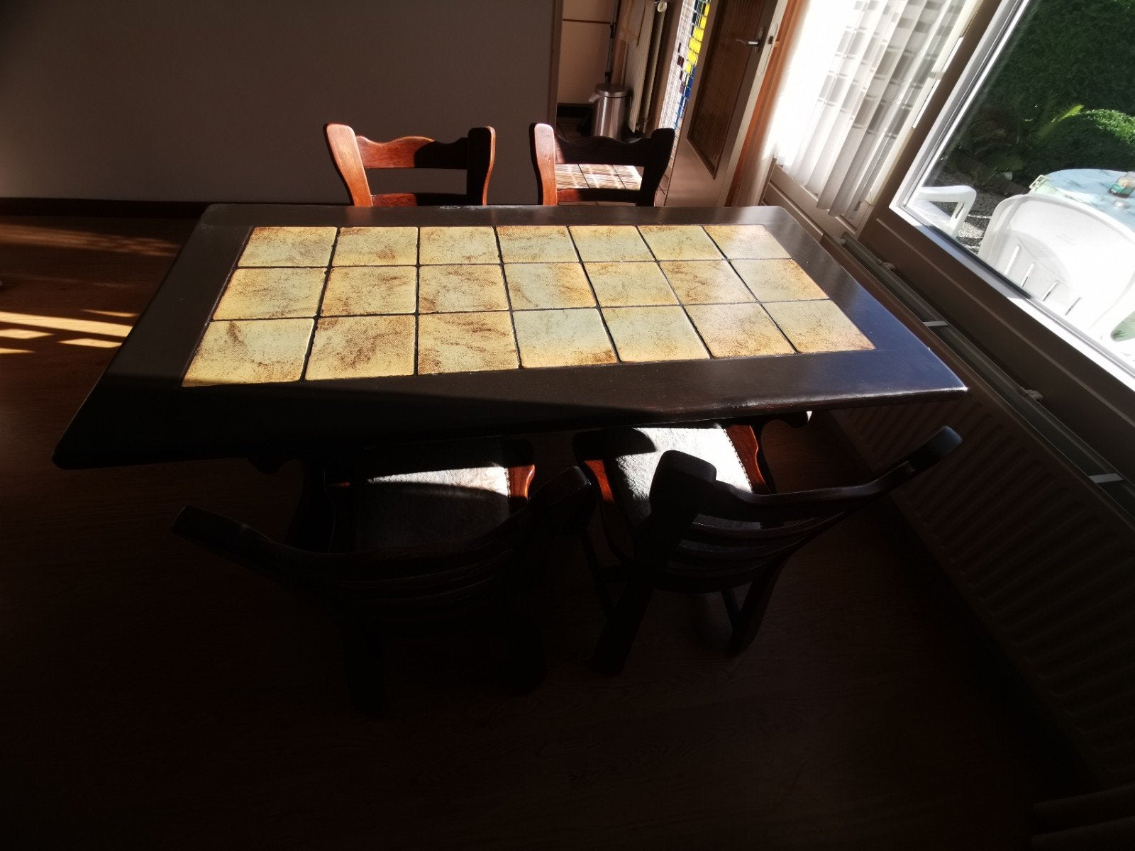 Eiken eettafel (175x90) met stoelen, Ophalen, Gebruikt, Eikenhout, 50 tot 100 cm
