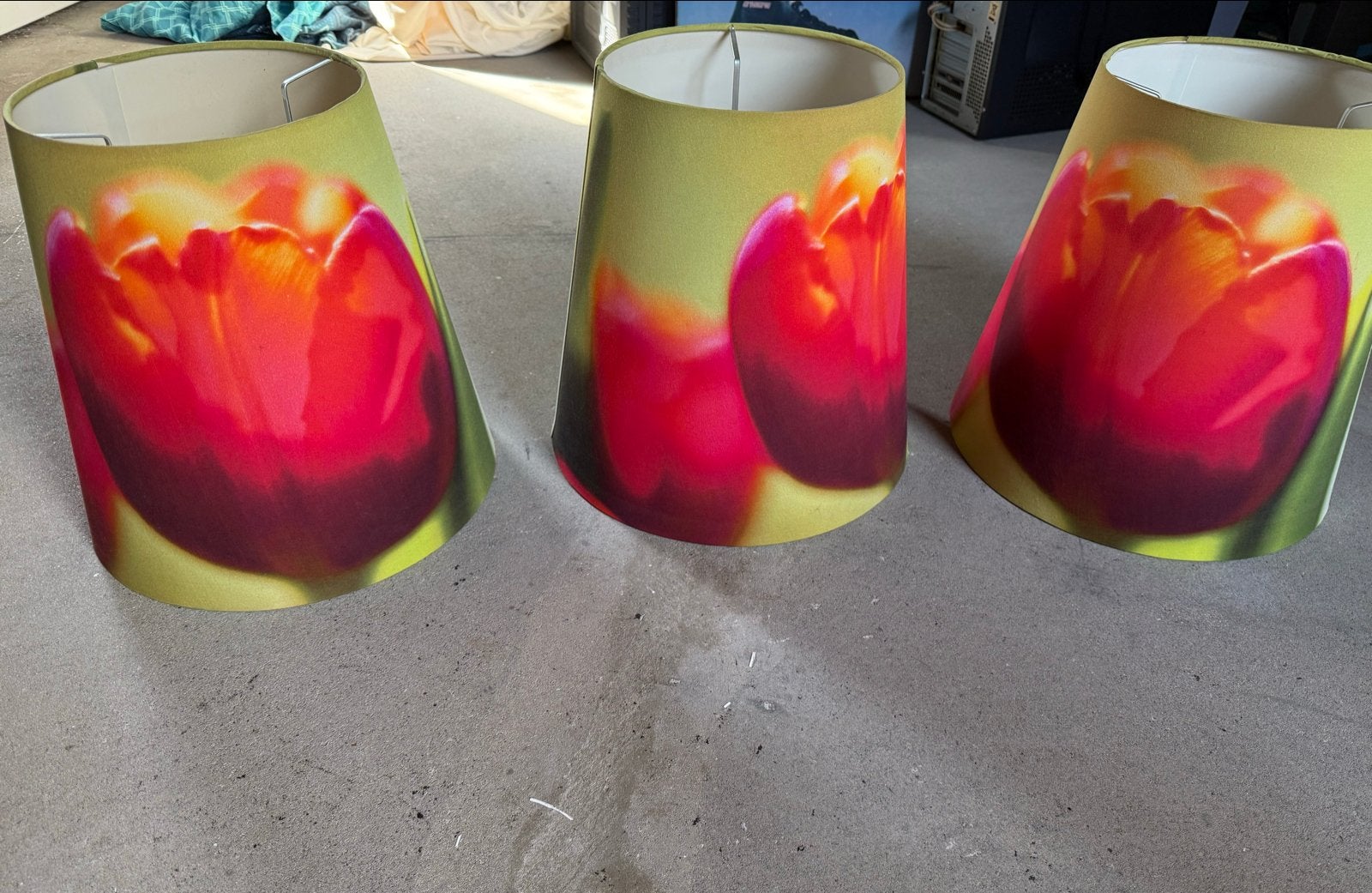 Set van 3 lampenkappen met tulpenprint, Huis en Inrichting, Lampen | Lampenkappen, Gebruikt, Rond, Ophalen of Verzenden, Textiel