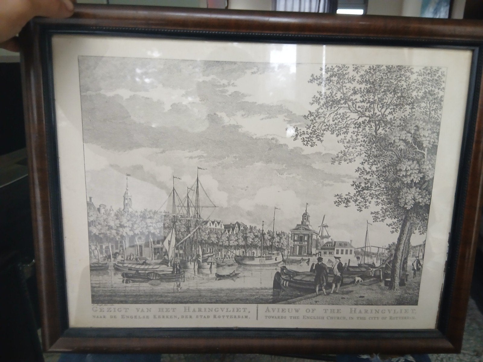 Antieke Gravure: Gezicht van het Haringvliet, Rotterdam, Ingelijst, Stadsgezicht, Ophalen of Verzenden, Gravure