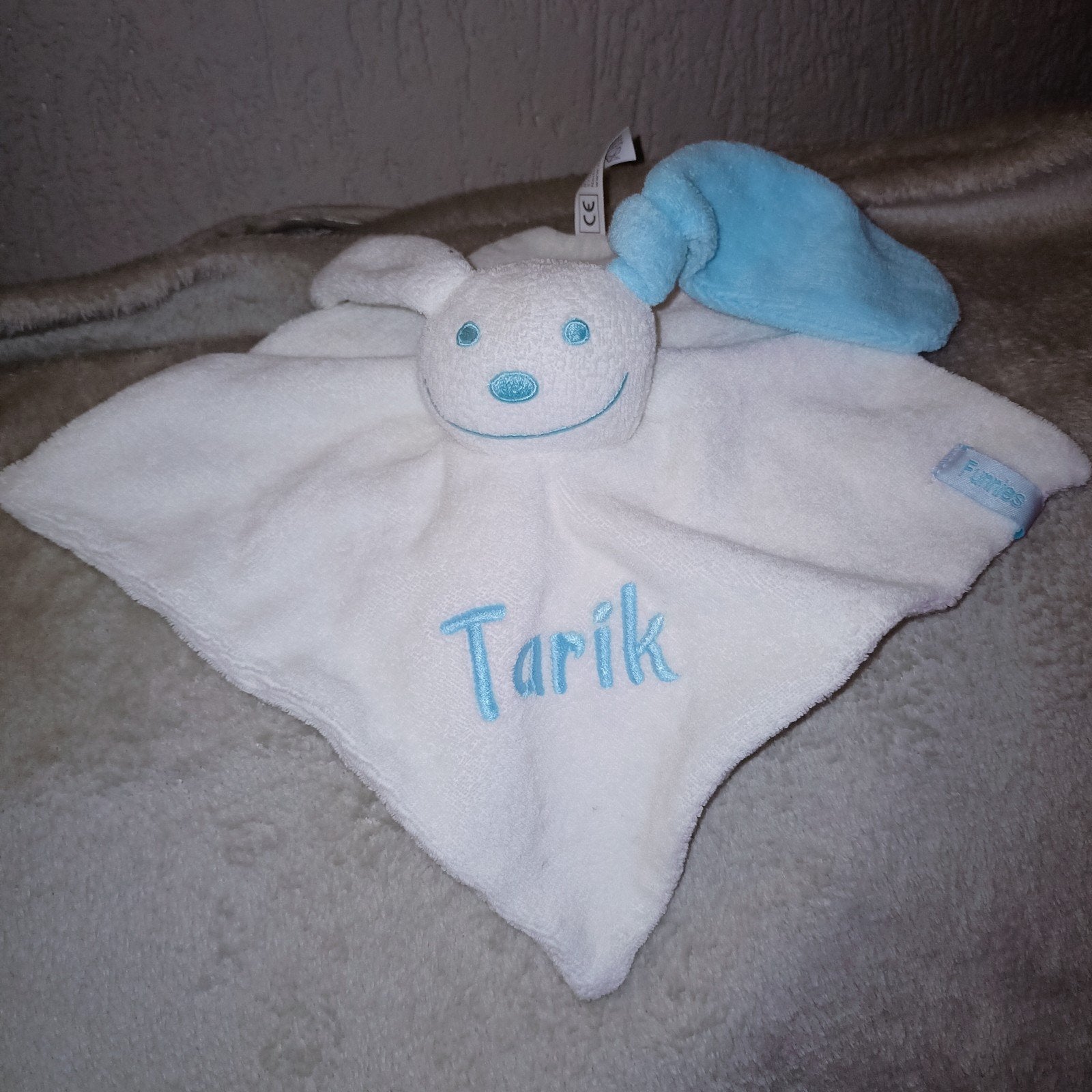 Funnies konijnenkop kroeldoek met naam, tarik, Kinderen en Baby's, Speelgoed | Knuffels en Pluche, Overige merken, Blauw, Ophalen of Verzenden