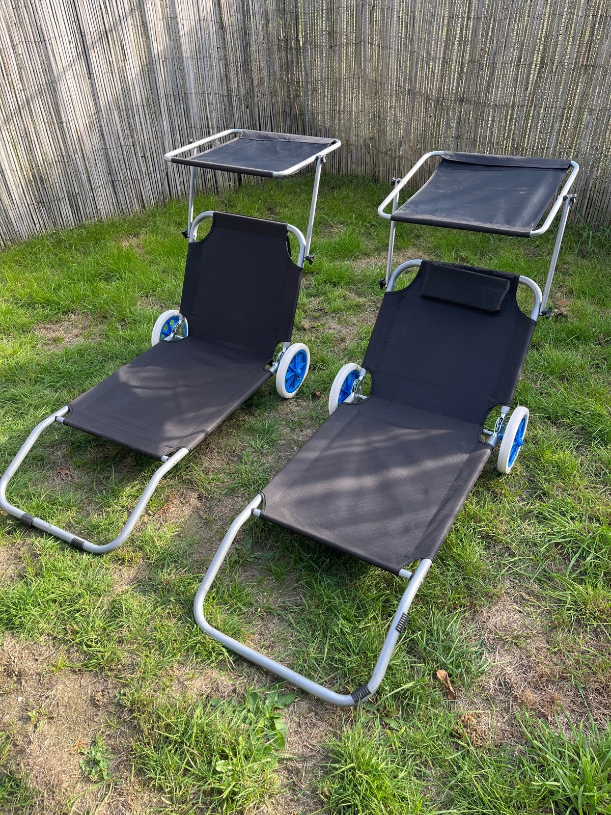 2x Strandstoel op wielen met zonnescherm - Zwart/Zilver, Tuin en Terras, Ophalen of Verzenden, Gebruikt, Metaal, Verstelbaar