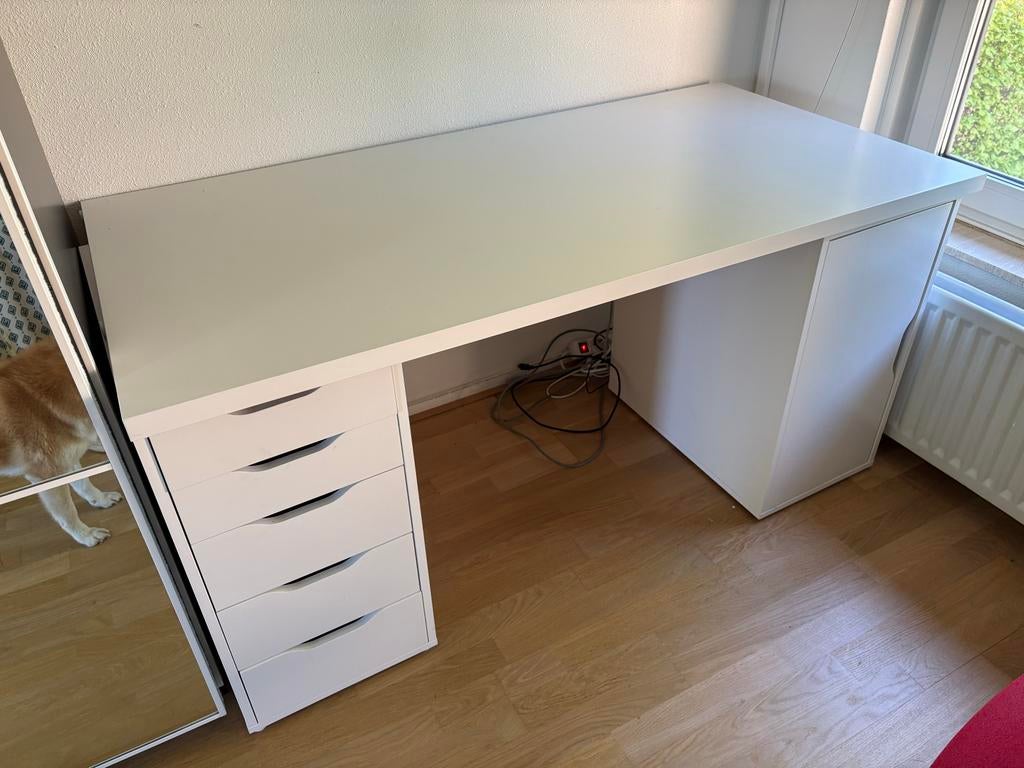 Wit bureau met ladekast en computerkast (of poten), Huis en Inrichting, Ophalen, Gebruikt, Met lades, Spaanplaat of MDF