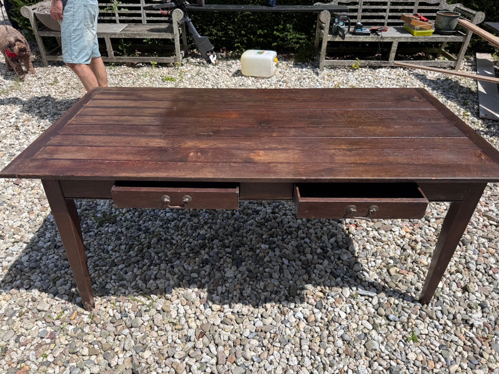Grote houten eettafel met 2 laden – donkerbruin, Ophalen, Gebruikt, Rechthoekig