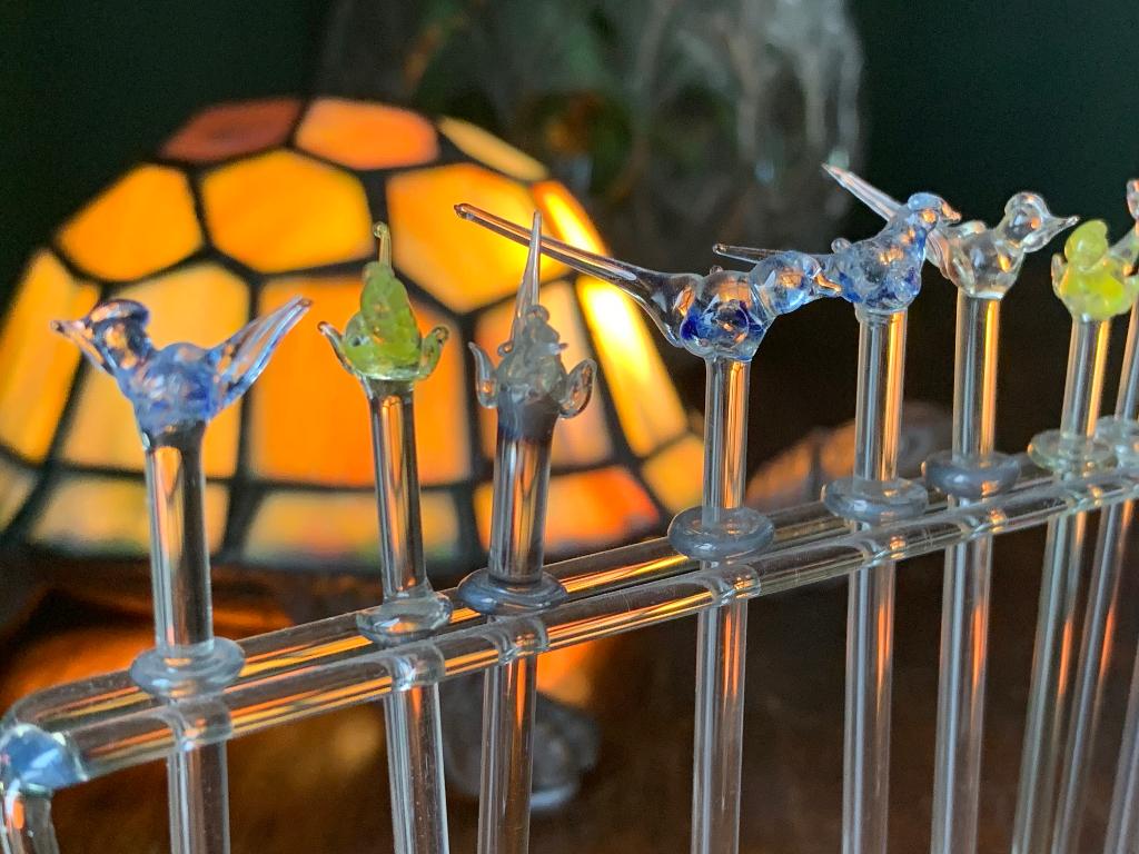 Murano 10 cocktail prikkers met vogeltjes incl houder, Antiek en Kunst, Ophalen of Verzenden