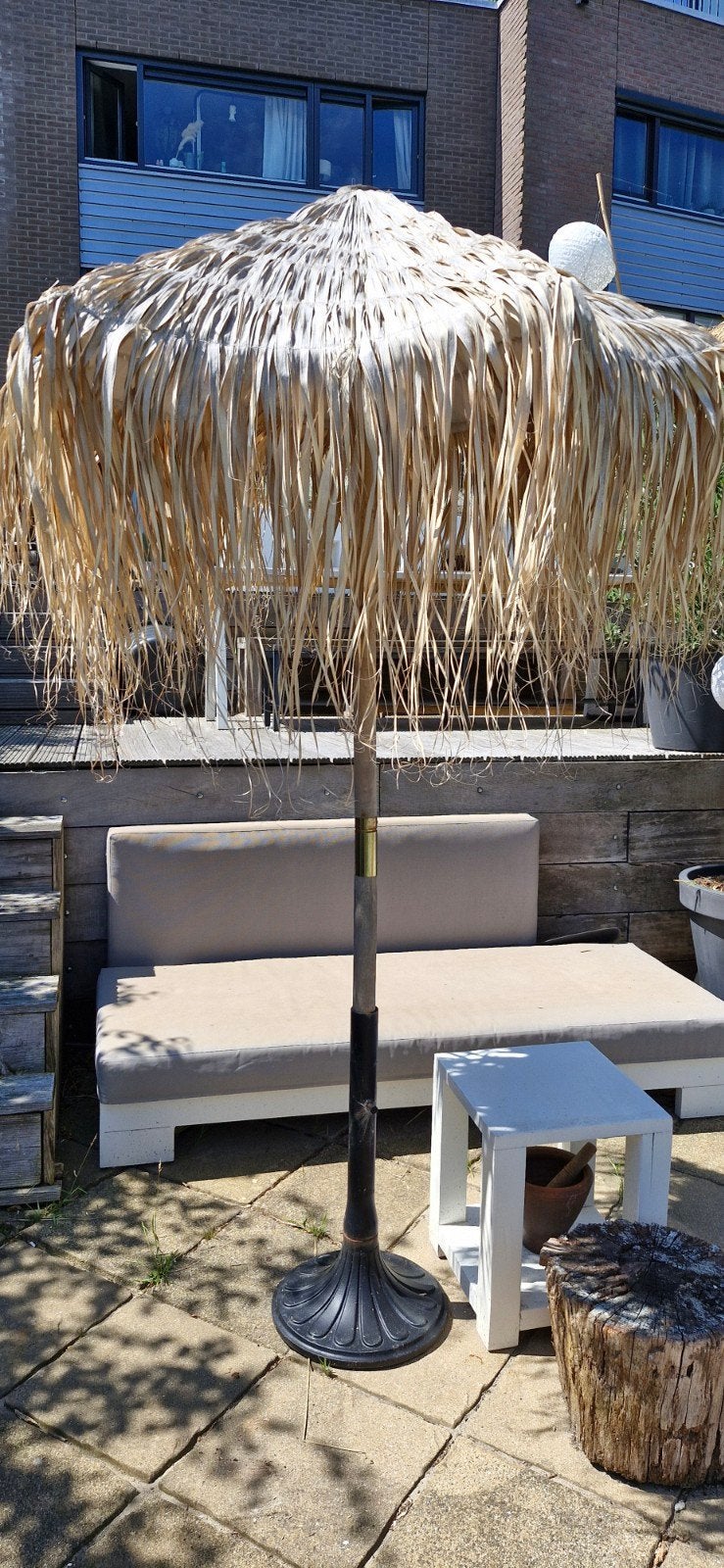 Boho Ibiza Parasol van hout - bamboe, parasolvoet, Tuin en Terras, Ophalen, Gebruikt, 2 tot 3 meter, Stokparasol