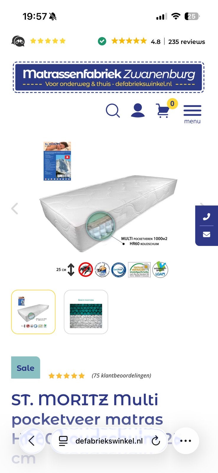 Zo goed als nieuw ST Moritz Multi Pocketver matras H4 80x200, Huis en Inrichting, Ophalen, Zo goed als nieuw, Eenpersoons