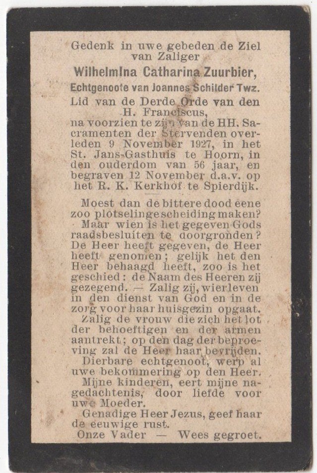 Wilhelmina C. Zuurbier 1871 Berkhout + 1927 Hoorn, 56 jaar, Ophalen of Verzenden