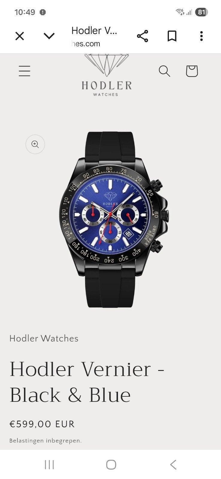 Hodler Vernier - Black & Blue Polshorloge, Ophalen of Verzenden