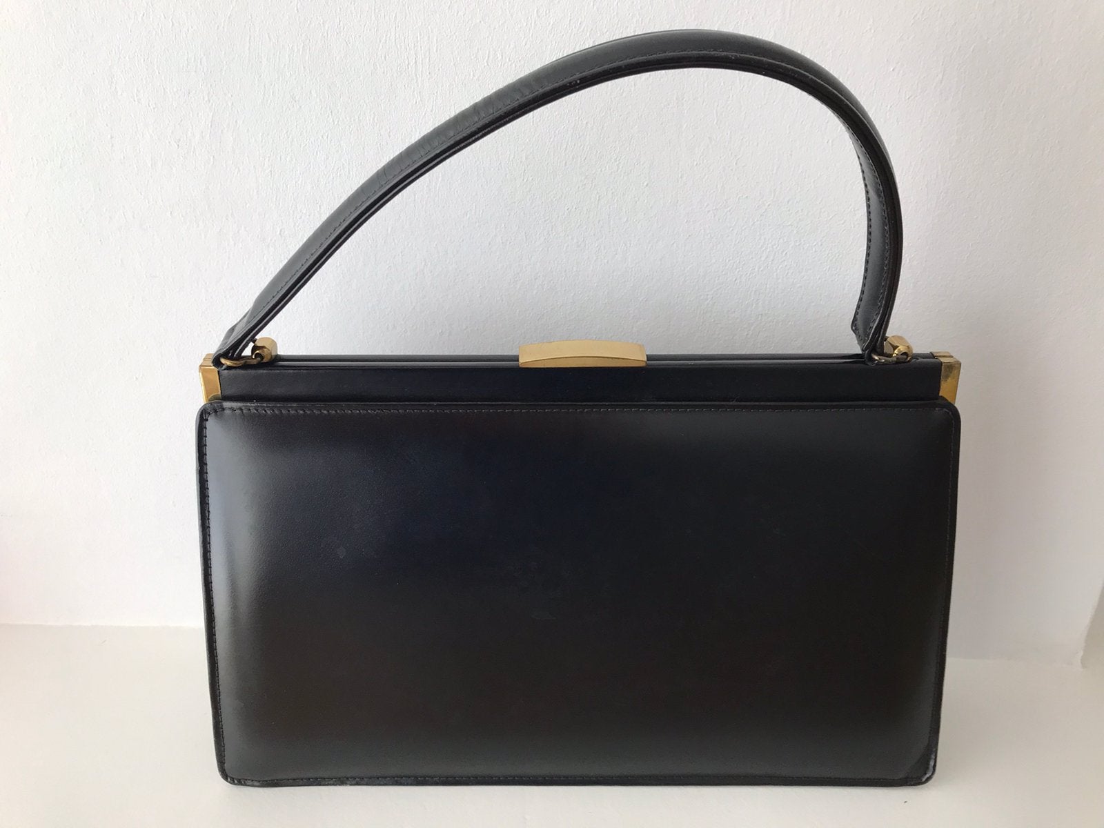 Handtas zwart leer met hengsel, Ophalen of Verzenden, Gebruikt, Zwart, Handtas