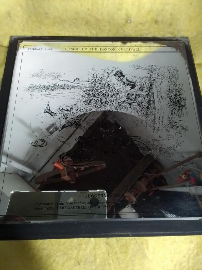 3049) mooie oude spiegel plaat CHARIVARI, Ophalen of Verzenden, Rechthoekig, Minder dan 50 cm