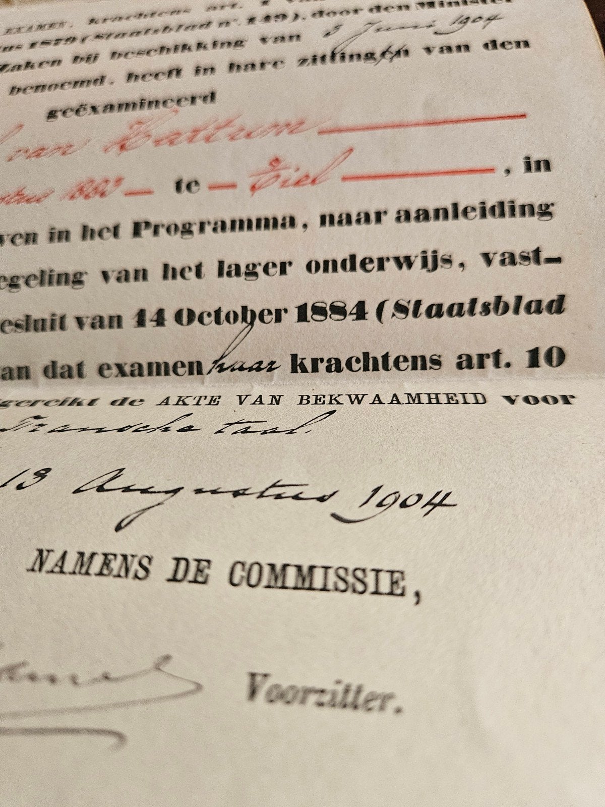 Antiek Diploma 1904 Akte Bekwaamheid Lager Onderwijs, Ophalen of Verzenden