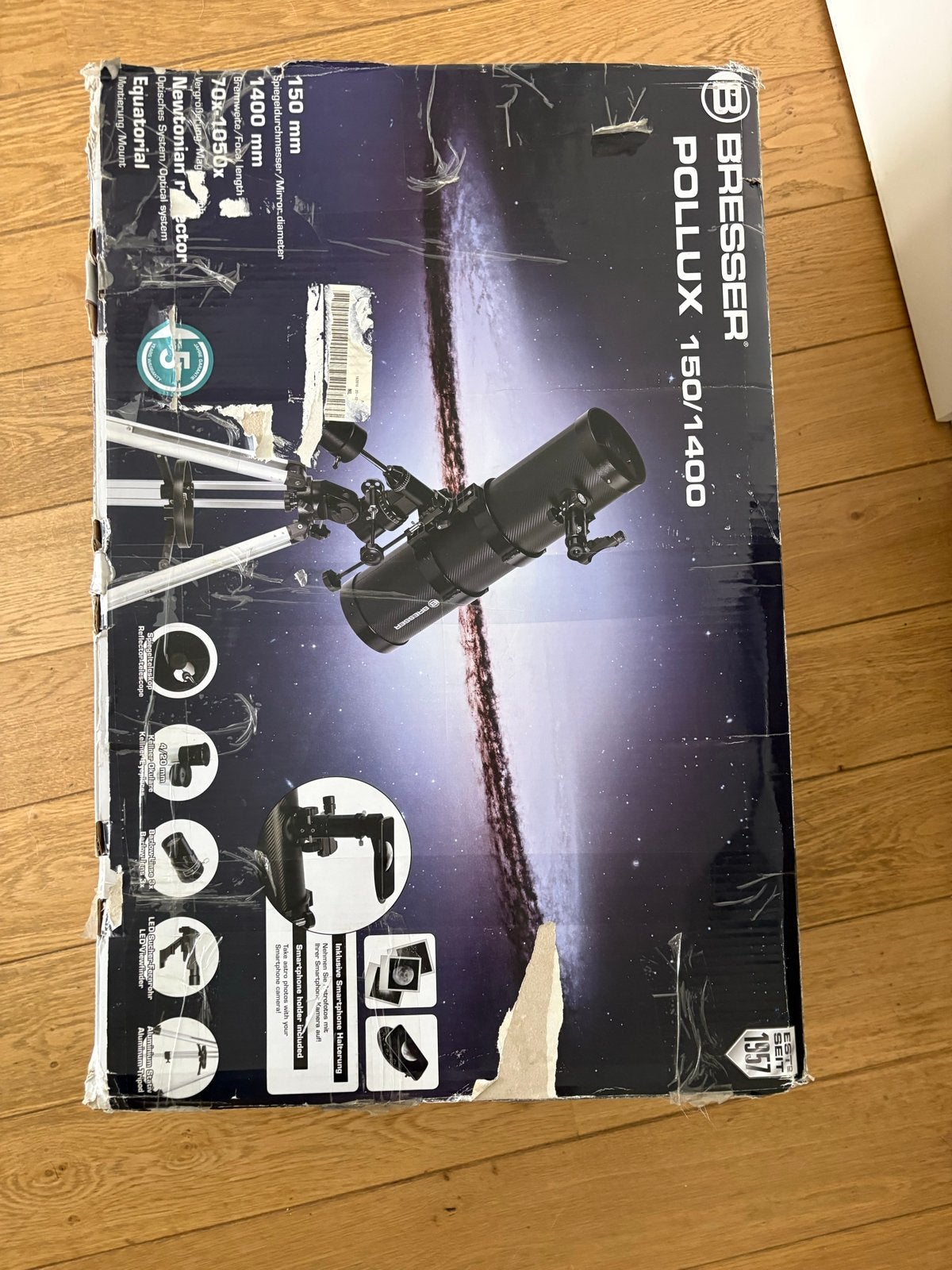Bresser Pollux 150/1400 Spiegeltelescoop met Statief, 80 tot 200 mm, Met statief, Zo goed als nieuw, Spiegeltelescoop (reflector)