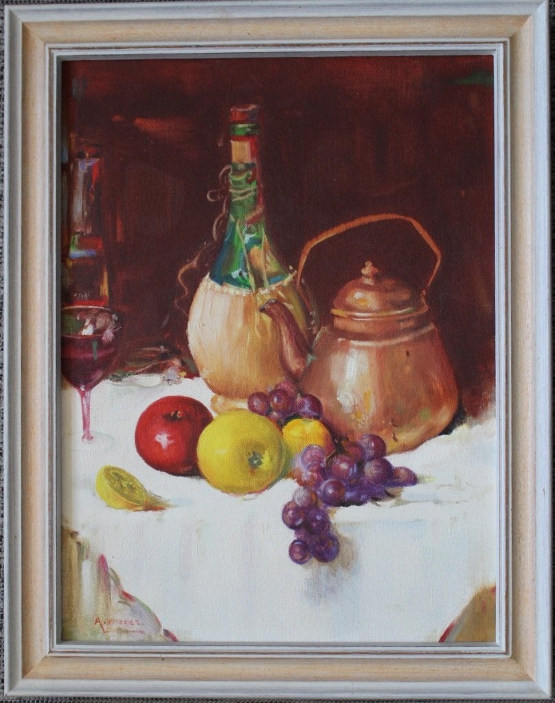 Stilleven, olieverf op doek, gesigneerd., Doek, Stilleven, Ophalen of Verzenden, Olieverf