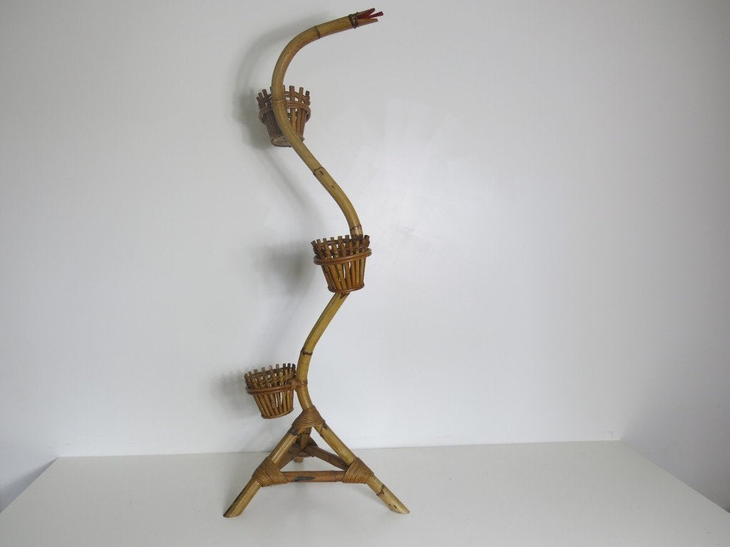 Vintage bamboe rotan slang plantenstandaard   ca 1960, Ophalen