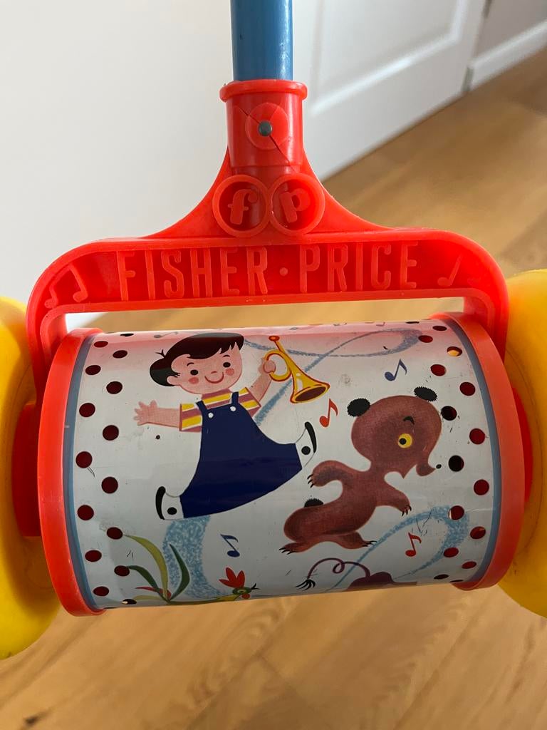 Vintage Fisher-Price Duwkar Trommel Speelgoed, Ophalen, Gebruikt, Duw- of Trekspeelgoed, Met geluid