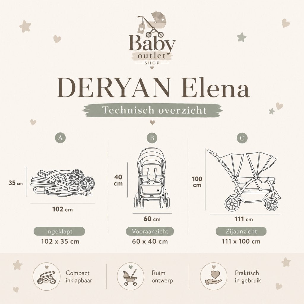 Deryan Elena Duo Buggy - Dubbele Buggy - Compact - Zwart, Ophalen of Verzenden, Zo goed als nieuw, Verstelbare rugleuning