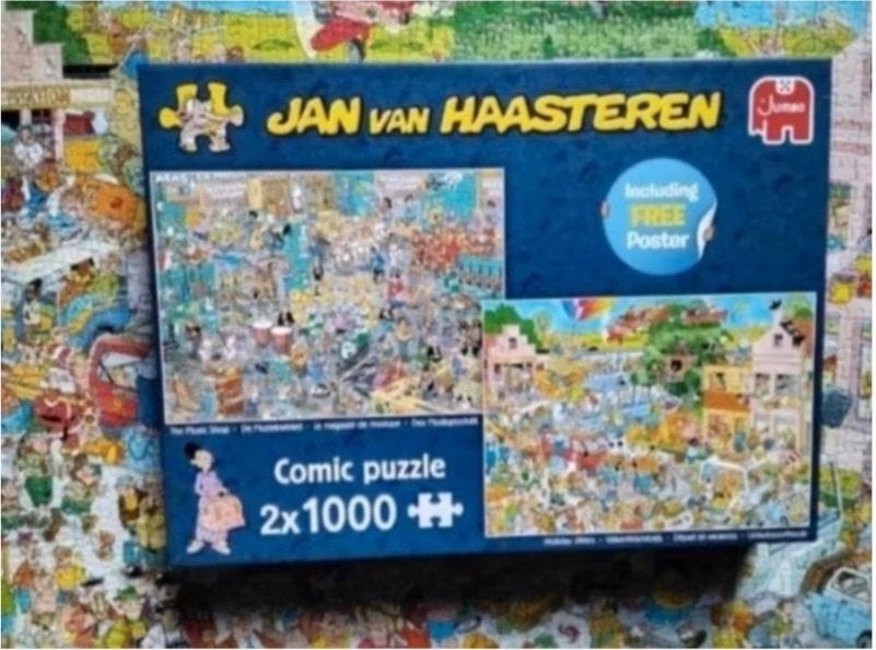 Jan van Haasteren puzzel 2x 1000, muziekwinkel+ vakantiekrie, Ophalen, 500 t/m 1500 stukjes, Zo goed als nieuw, Legpuzzel