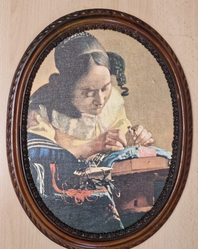 Schilderijtje, kantwerkster Vermeer (reproductie), Antiek en Kunst, Portret of Personen, Oud hollands, Overige technieken, Ophalen of Verzenden