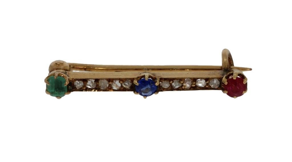 Smaragd robijn diamant saffier antieke 14k gouden broche, Verzenden, Goud, Broche, Met edelsteen