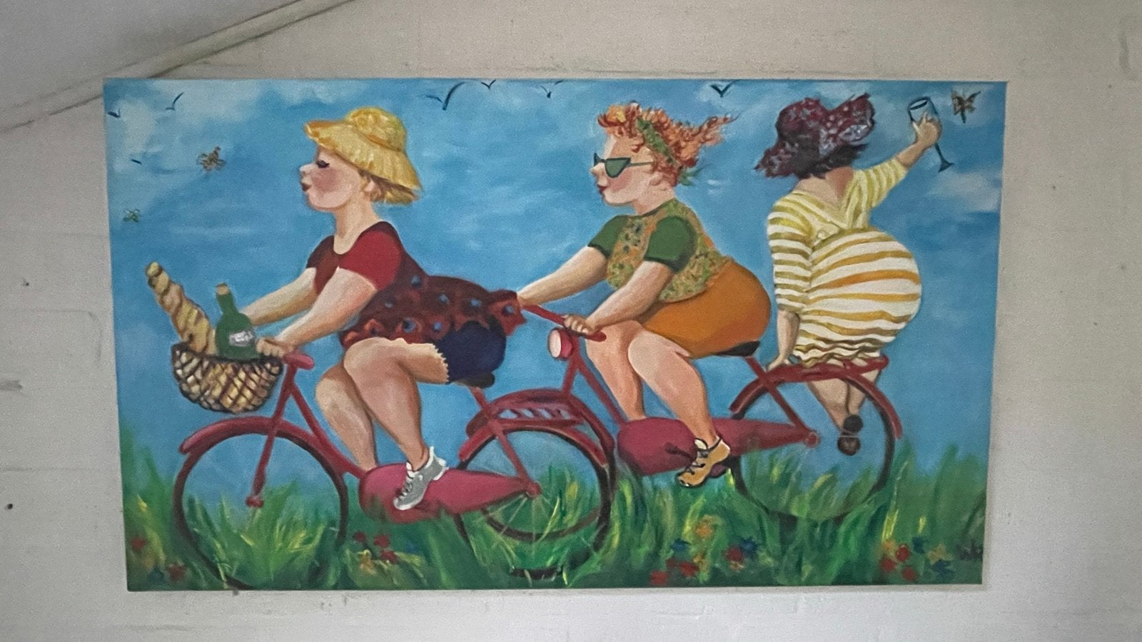 Vrolijk schilderij 'Dikke Dames op de fiets' - 70x120 cm, Antiek en Kunst, Ophalen, Figuren, Handgeschilderd, Olieverf