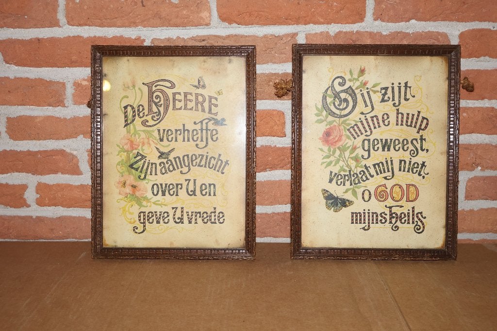 2 antieke, handgeschilderde wanddecoraties met bijbeltekst, Ophalen of Verzenden
