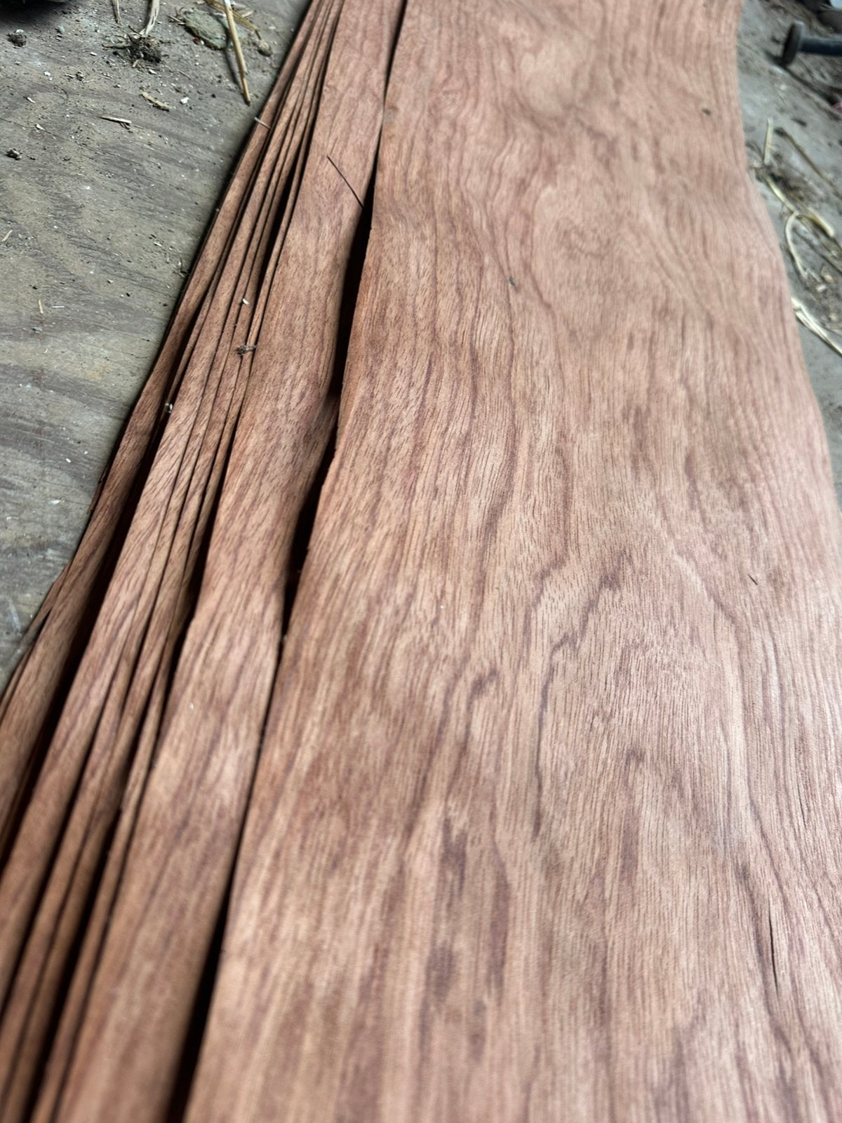 Bubinga fineer 2700 x 270mm - 10 vellen + reststukjes, Gebruikt, Minder dan 25 mm, Overige typen, Ophalen of Verzenden