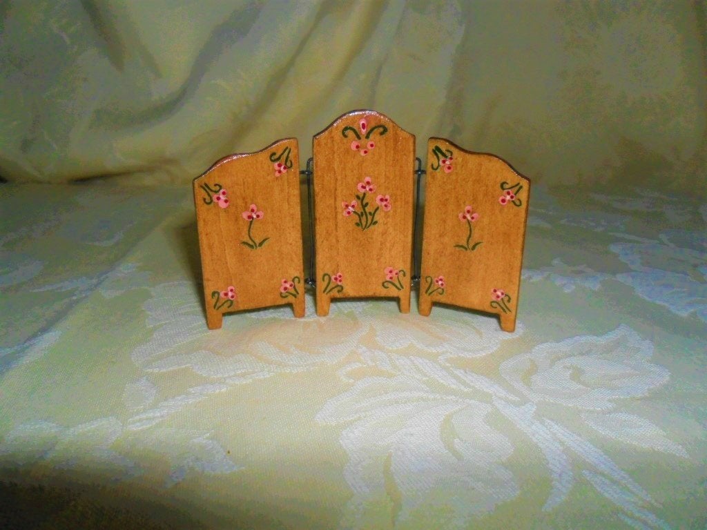 oud houten drieluik kamerscherm bloemen poppenhuis miniatuur, Verzenden, Poppenhuis