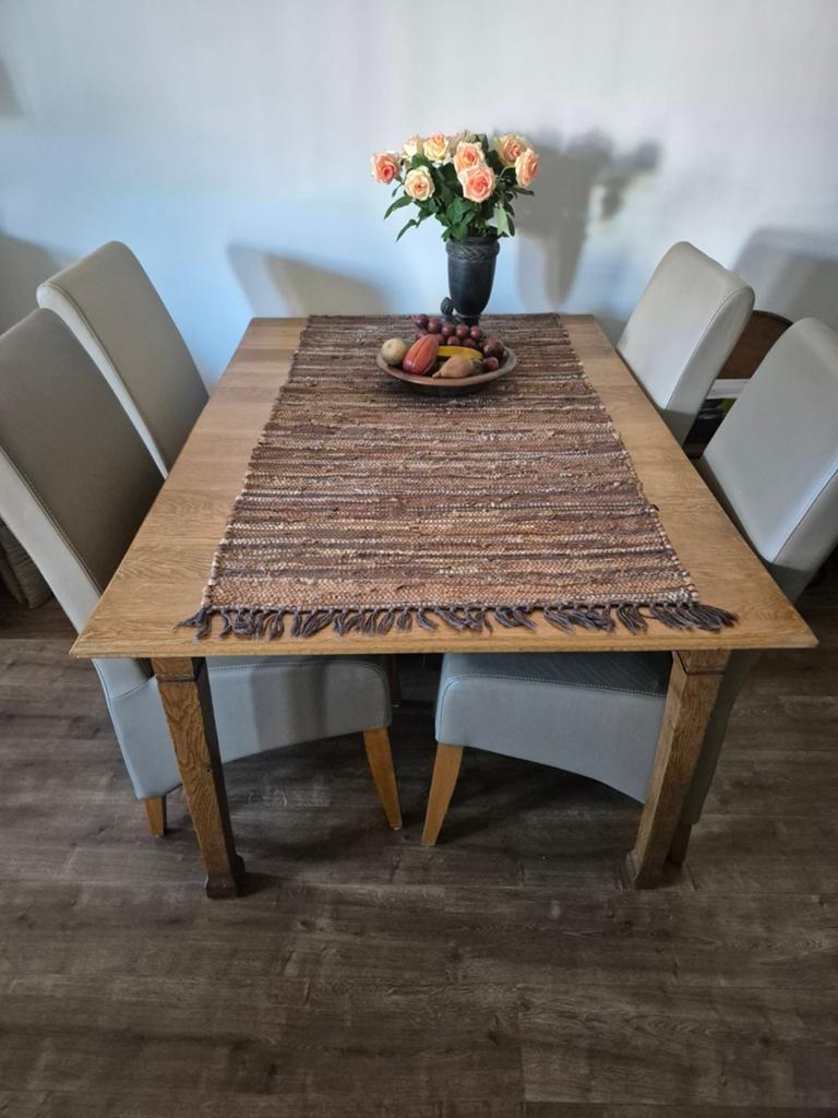 Antiek ogendeettafel met 6 skai/leren stoelen, uitschuifbaar, Ophalen of Verzenden