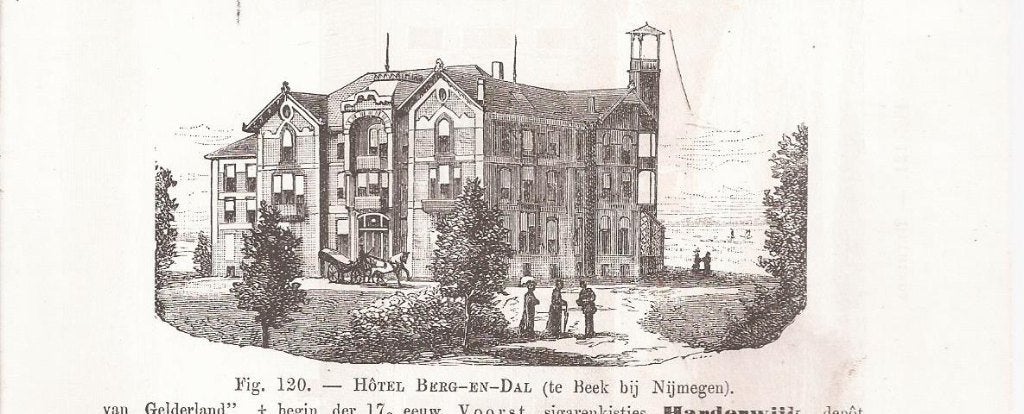 Beek bij Nijmegen Hotel Berg en Dal Houtgravure ca. 1879, 1800 - 1899, 5 cm, Ophalen of Verzenden, 9 cm