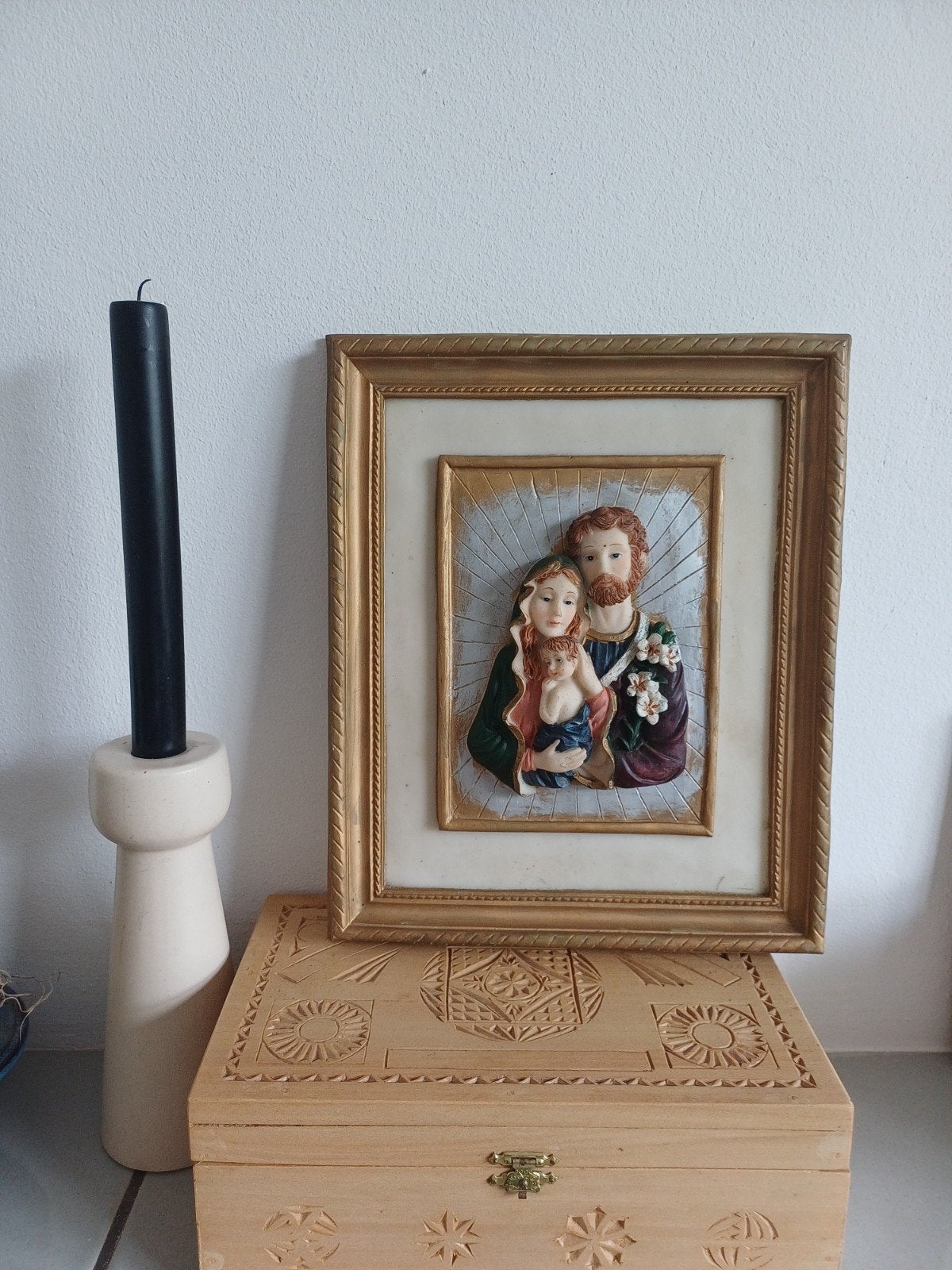Religieuze Voorstelling Maria, Jozef met kindje - Polyresin, Kunststof, Ophalen of Verzenden, 20 - 50 cm, Beeld