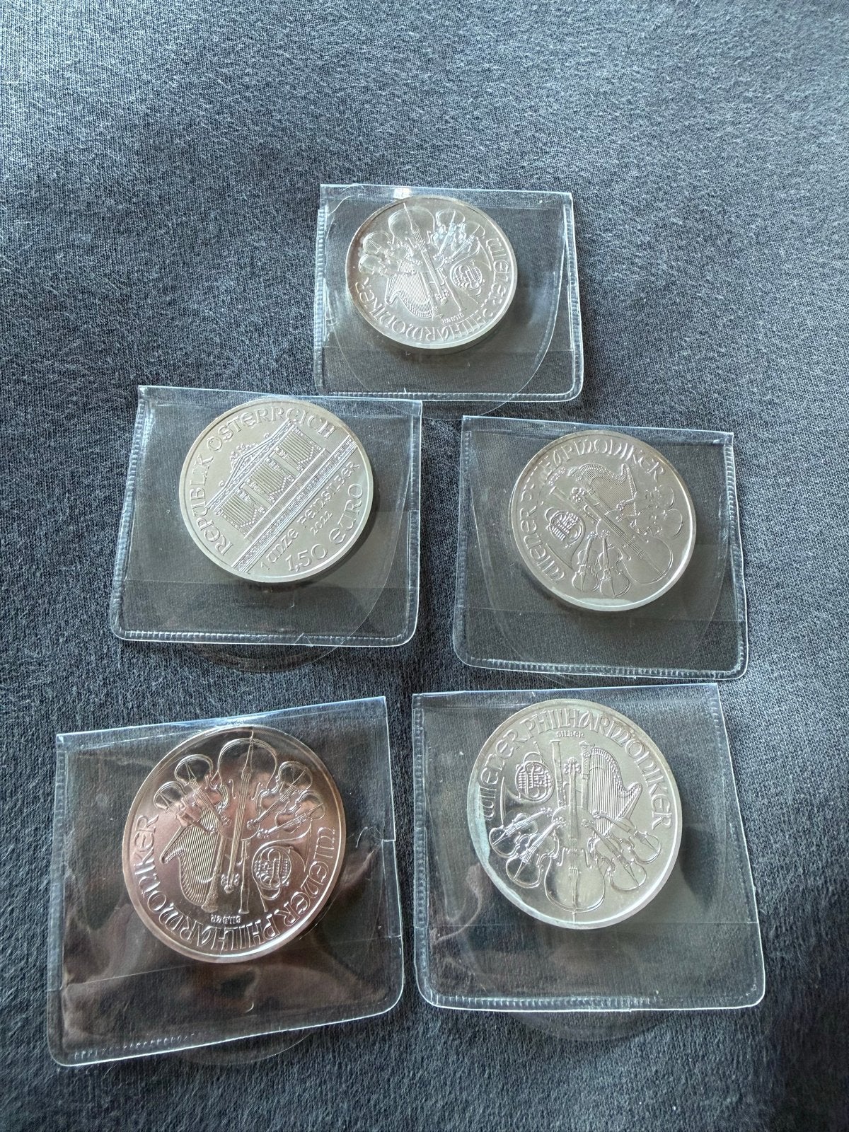 5x 1oz Zilveren Wiener Philharmoniker Munten, Ophalen of Verzenden, Oostenrijk, Setje, Zilver