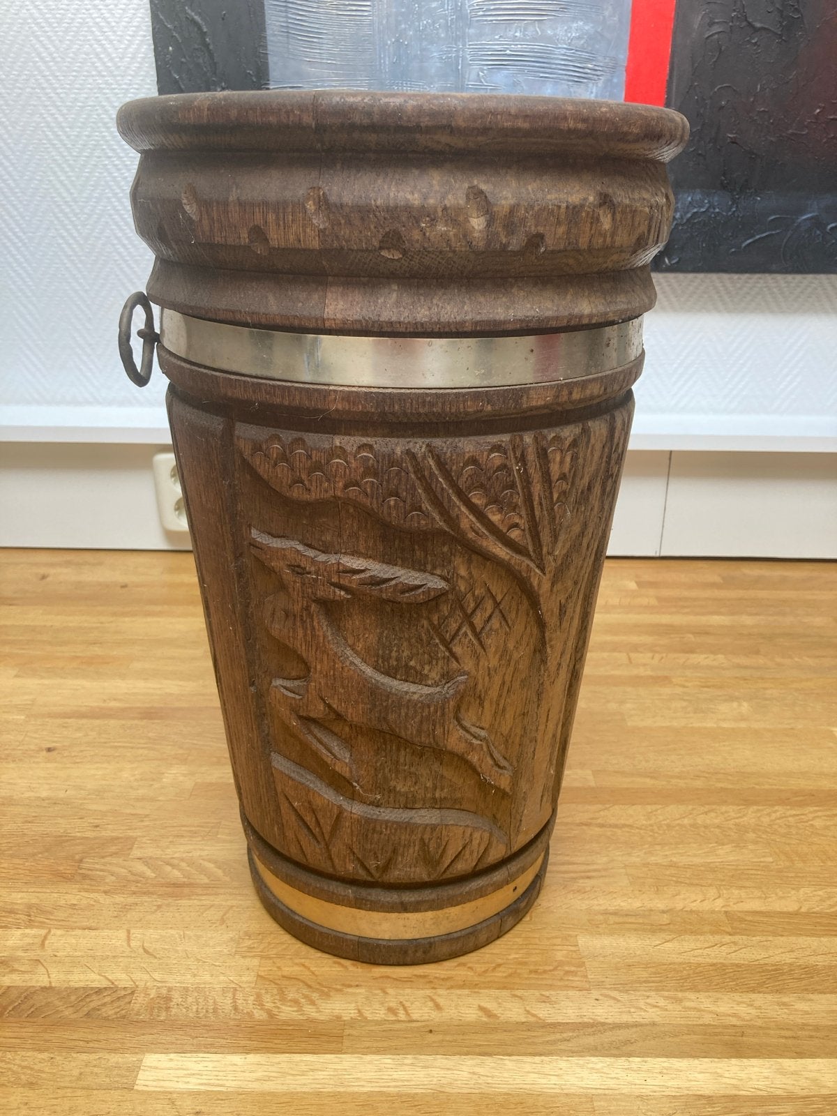 Vintage houten paraplubak met houtsnijwerk - 47 cm hoog, Ophalen of Verzenden, Gebruikt, Hout