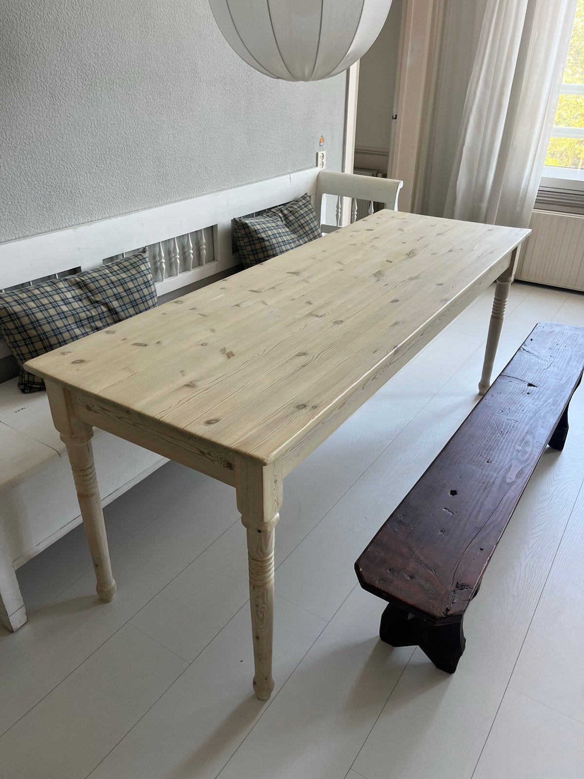 Landelijke eettafel van grenenhout met lades, Ophalen, Gebruikt, 200 cm of meer, 50 tot 100 cm