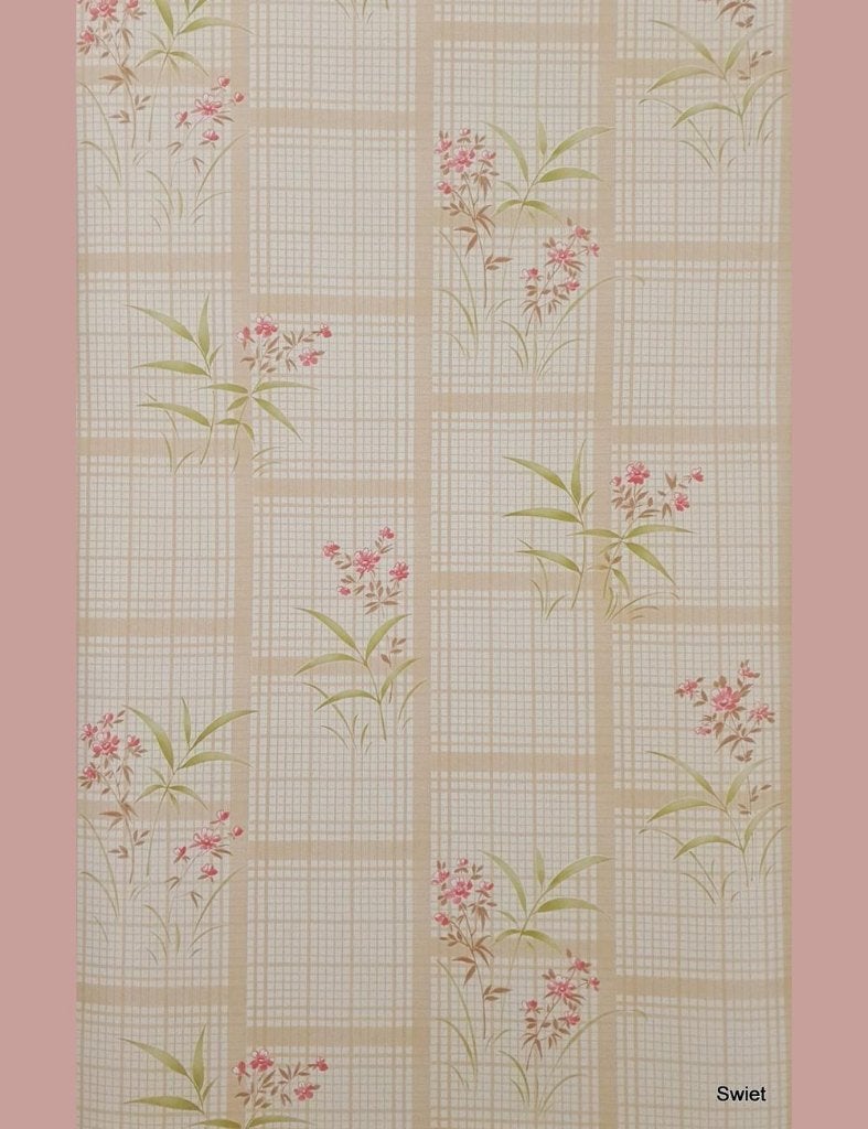 10310 luchtig bloemenbehang met ruitmotief  roze groen swiet, Ophalen of Verzenden, Groen
