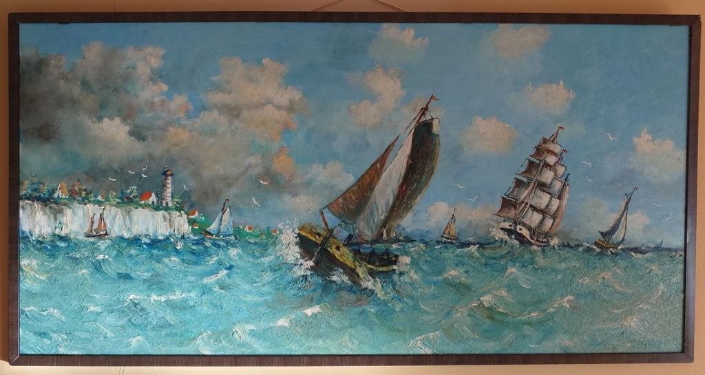 Schilderij zeilschepen krijtrotsen, Antiek en Kunst, Kunst | Schilderijen | Klassiek, Ophalen, Maritiem / water, Doek, Origineel werk