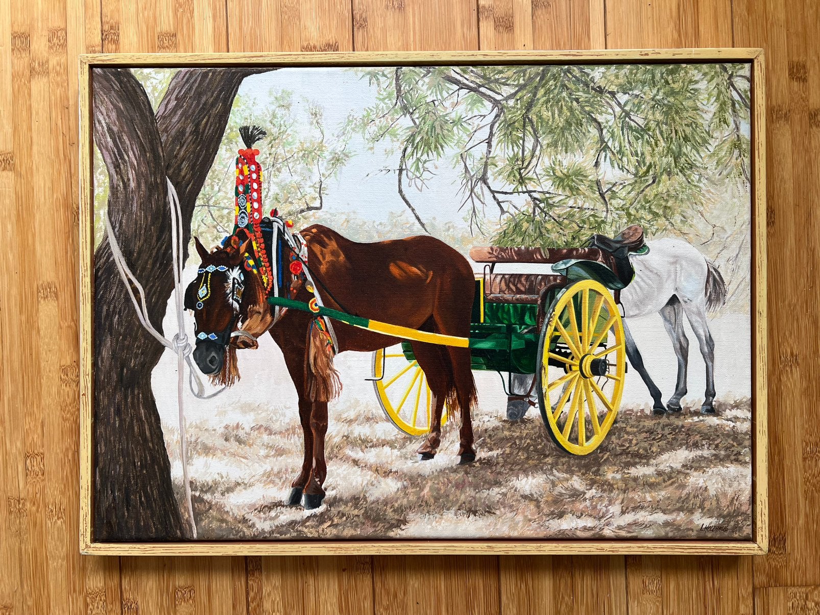 Olieverfschilderij paard en wagen Leone Holzhaus, Ophalen of Verzenden, Gesigneerd, Olieverf, Stilleven