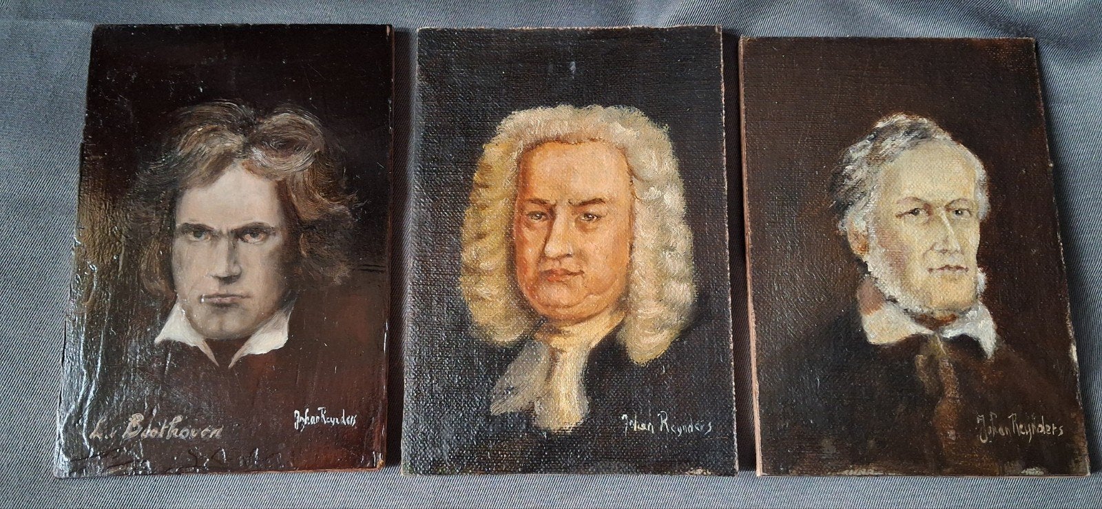 3 miniatuur portretten van componisten - Johan Reynders, Antiek en Kunst, Paneel, Portret of Personen, Ophalen of Verzenden, Olieverf