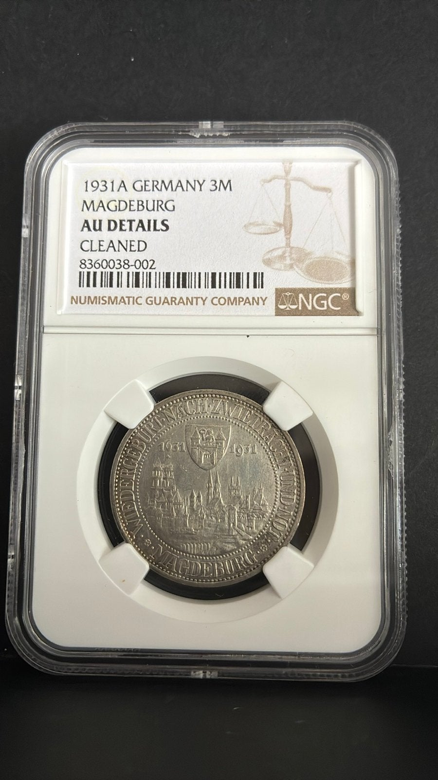 1931A Duitsland 3 Mark Maagdenburg Zilveren Munt NGC, Ophalen of Verzenden, Losse munt, Zilver