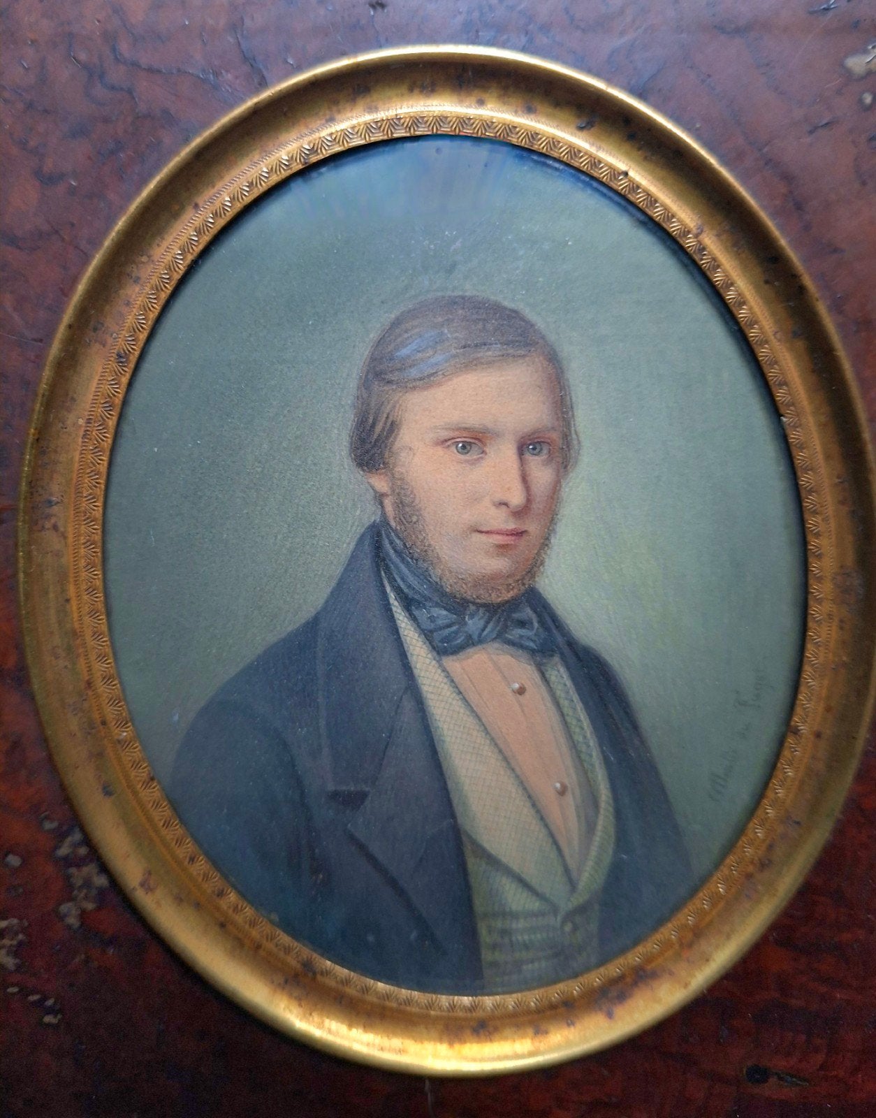 Miniatuurportret van een heer, Frans (1840-1850), gesigneerd, Gouache, Portret of Personen, Overige ondergronden, Ophalen of Verzenden