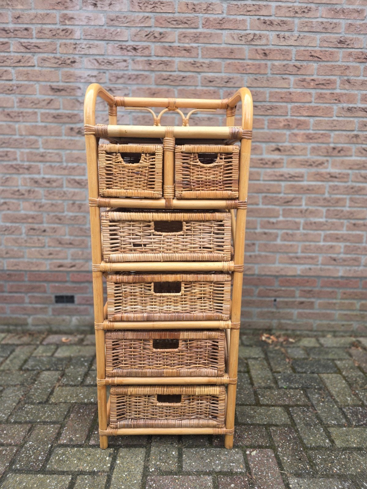 Vintage rotan ladekastje met 6 rieten manden, Ophalen, Minder dan 50 cm, Gebruikt, 5 laden of meer