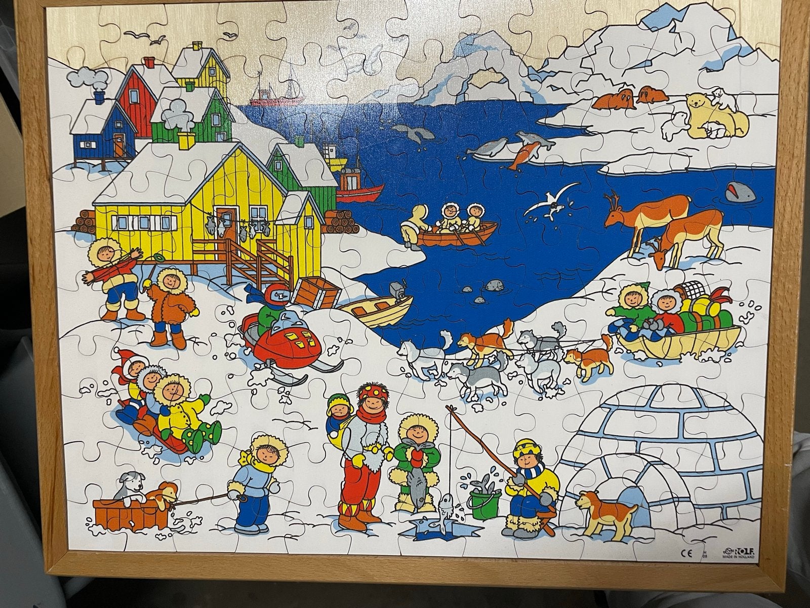 Houten puzzel met wintertafereel en dieren, Gebruikt, 10 tot 50 stukjes, Ophalen of Verzenden, Van hout