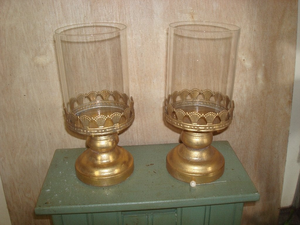 2 windlichten glas met metaal goudkleur, Ophalen of Verzenden