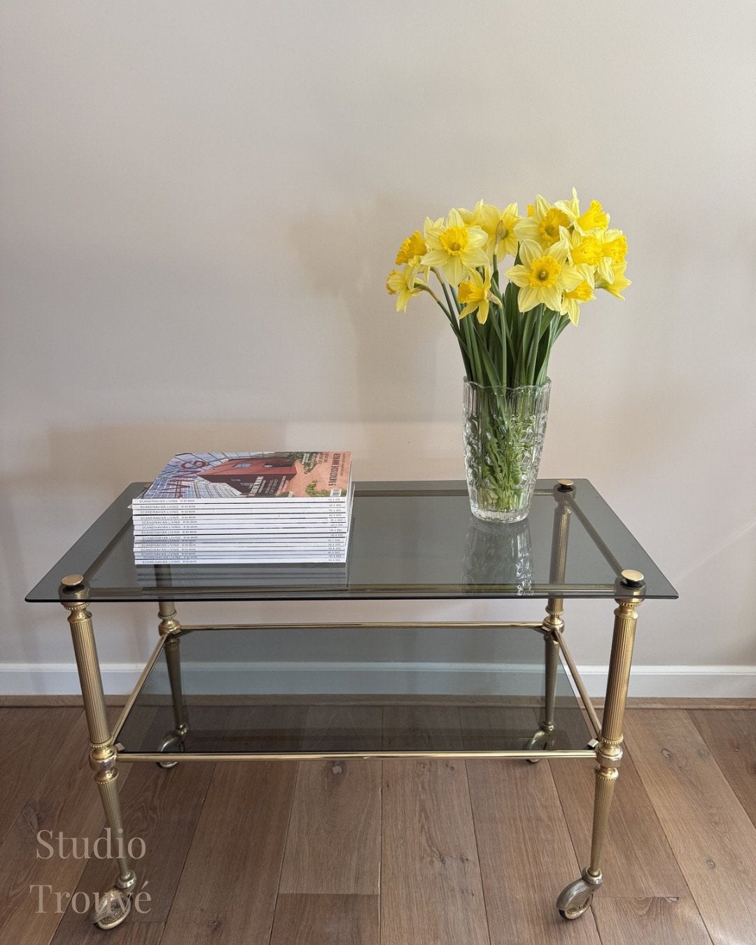 Barcart | Trolley | Bijzettafel Messing & Glas | Vintage, Gebruikt, Glas, Hollywood Regency, 75 cm of meer