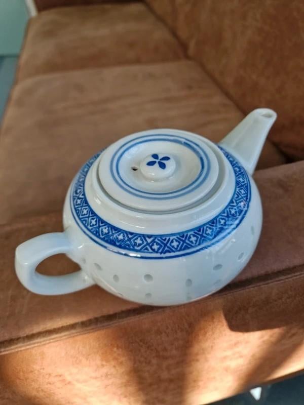 Vintage rijstkorrel theepot blauw wit, Ophalen of Verzenden