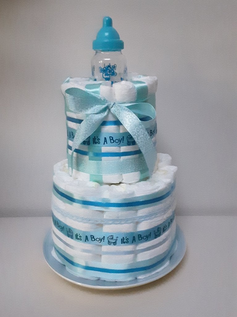 Blauwe luiertaart met een decoratie flesje, Ophalen of Verzenden, Nieuw, Kraamcadeau