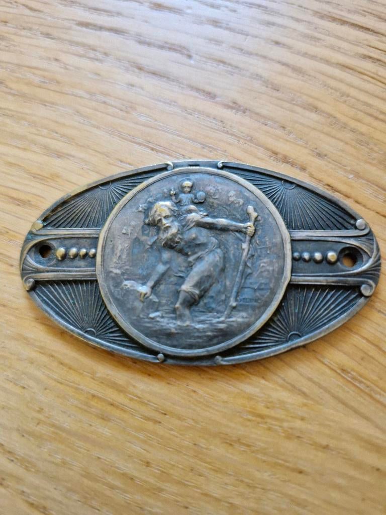 Antieke plaquette met Sint Christoffel en kind, Ophalen of Verzenden