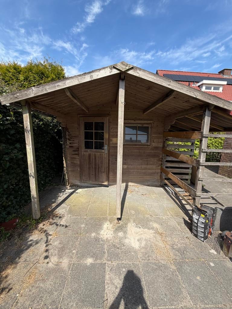 Houten tuinhuis met Luifel, Houthok en Tegels, Tuin en Terras, Ophalen, Tuinhuis, 250 tot 500 cm, 1 raam