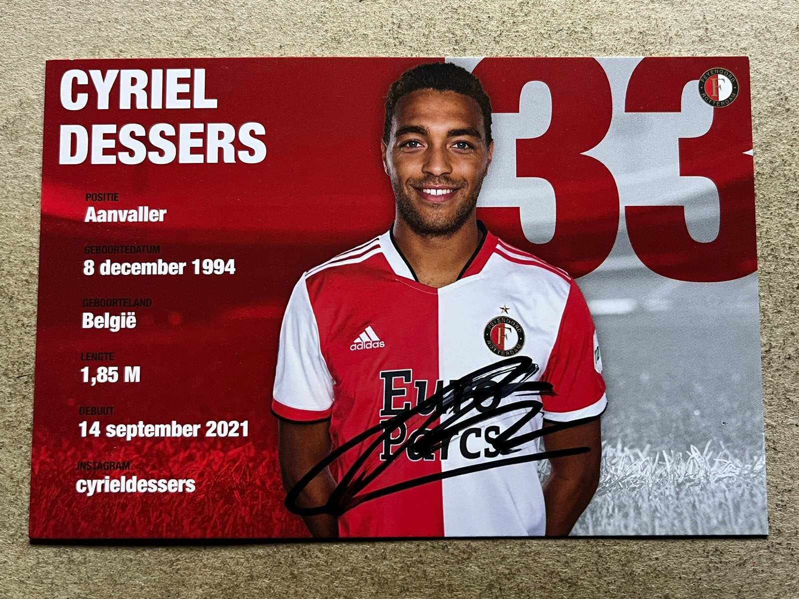 Feyenoord spelerskaart Dessers met handtekening, Verzamelen, Ophalen of Verzenden, Zo goed als nieuw, Feyenoord, Spelerskaart
